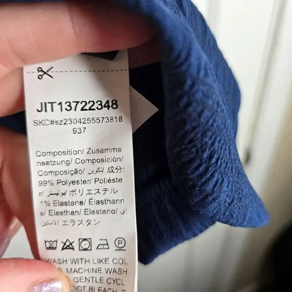 Navy Blue Textured Cotton Peasant Shirt with Ruffle Neckline and Balloon Sleeves - Picture 6 of 9